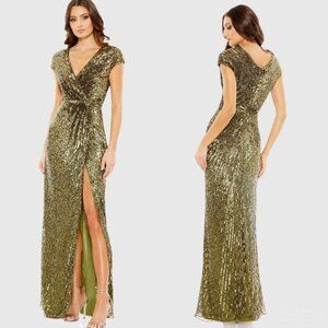 Mac Duggal [ 6 ] Sequined Faux Wrap Cap Sleeve Gown Olive Green